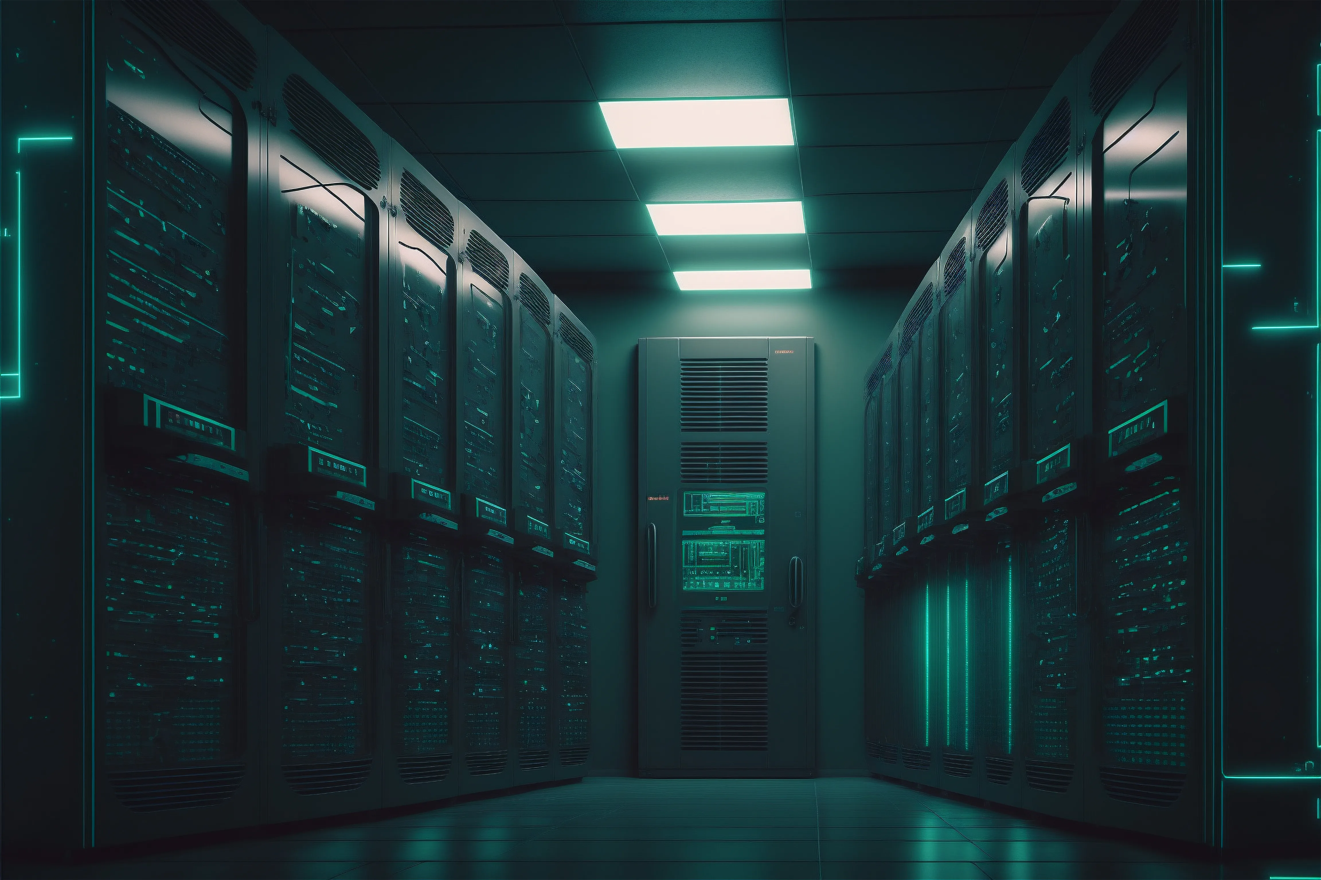 Storage Server Racks Room With Big Data Cyber Network Green Light Corridor Interior Information Technology Hosting Storage Hardware System